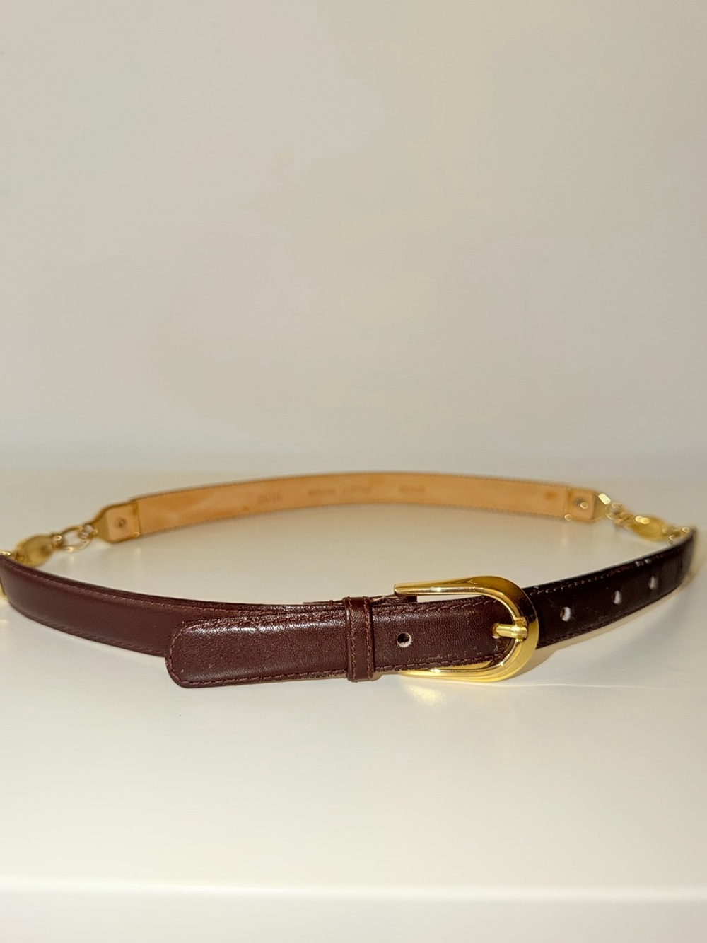Brown Leather Chain-Trim Belt with Gold Buckle, Sz Med